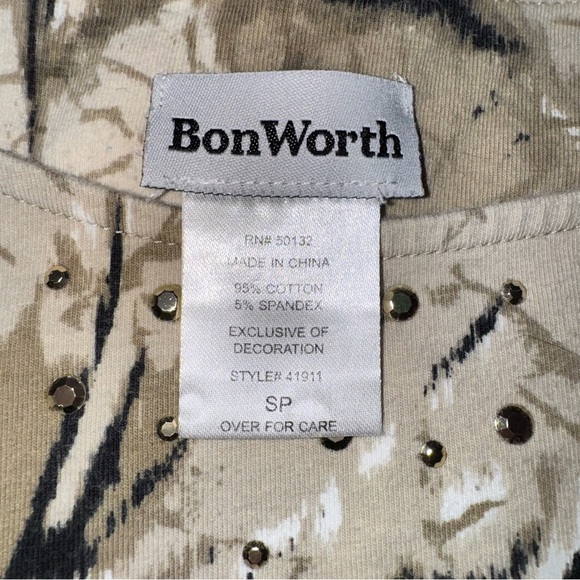 *3 for $15* BonWorth Womens Petite S Short Sleeve Brown & Black Top Blouse Metal - Picture 8 of 9